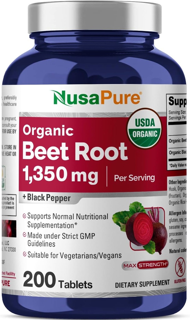 NusaPure Beet Root 1.350 mg 200 Bio Tabletten (Vegetarisch, USDA, Non-GMO & Glutenfrei) Schwarz Pfeffer