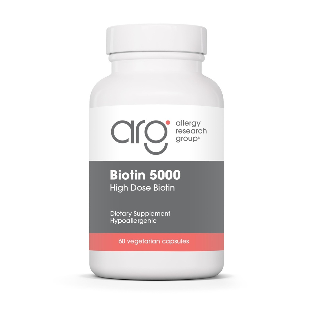 Groupe de recherche sur l'allergie Biotine 5000 Supplément - 5 000 mcg Biotine, Vitamines pour cheveux, peau et ongles, haute dose, capsules végétariennes, hypoallergénique, sans gluten - 60 Compte