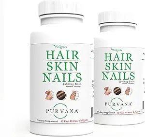 Wellgenix Purvana Haar, Haut und Nägel Vitamin Softgels für hohe Absorption - Doppelstärke 2500mcg Biotin, VIT A & B (90 Count) 2 Pack
