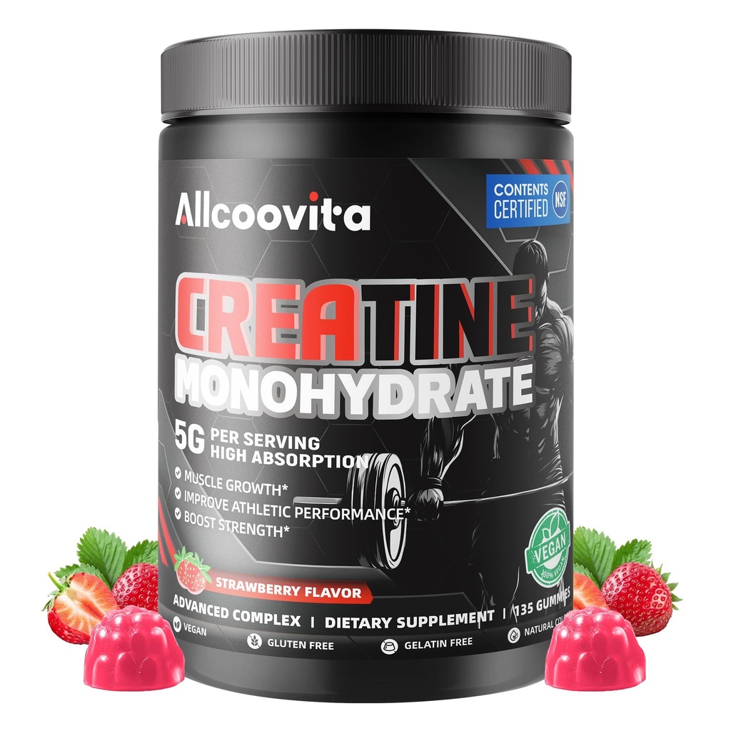 NSF Certified Creatine Monohydrate Gummies for Men &Women.Strawberry 135 ct | NSF Certified 173 Creatine Gummy Boost Focus,Strength, and Endurance, Anti-Melting Formula, Vegan, Gluten-Free, Non-GMO