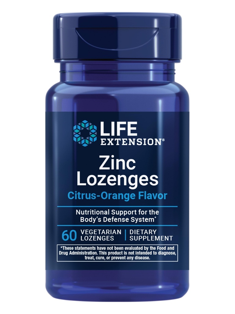 Life Extension Zinc Lozenges – Citrus-Orange Flavor – pour une synthèse de protéines saines et la santé immunitaire - Supplément de gestion de l'inflammation - Sans gluten, sans OGM – 60 Lozanges végétariennes
