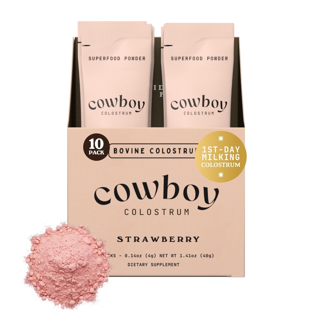 Cowboy - The Exclusive 1st Milking, Whole, Grass Fed Colostrum Supplement for Full Body Health - Bovine Colostrum Powder Packed w/Bioactive Nutrients (10 Travel Packs - Strawberry)
