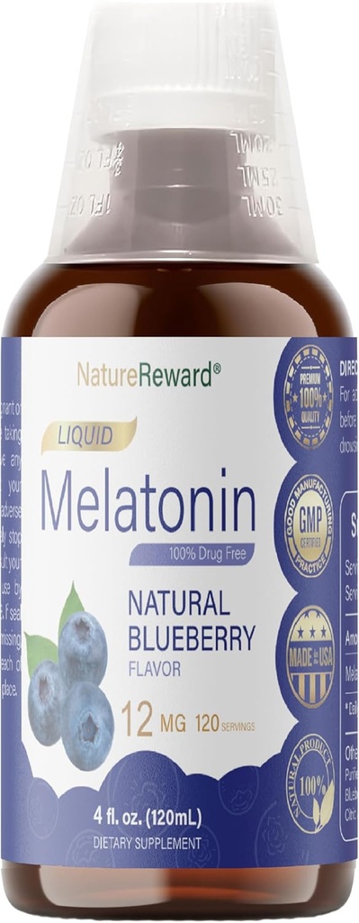 Melatonin 12mg | 4 fl oz Flüssigkeit |120 Servierungen | Blueberry Flavor | für Erwachsene | Non-GMO, vegetarische Beilage