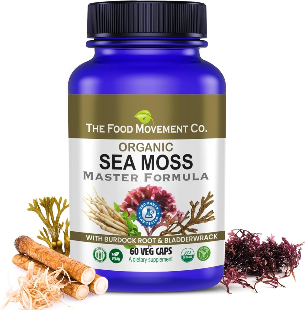 THE FOOD MOVEMENT CO. Sea Moss Master Formula con Burdock Root & Bladderwrack per Gut Health | Organic Vegan Supplement for Women & Men | Irish Sea Moss Blend for Optimal Well-Being (60)