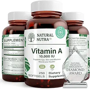 Natürliche Nutra Vitamin A 10.000 IU Softgels – High Potency Eye and Skin Vitamins – Glutenfreies Vitamin Eine Ergänzung für Sight & Skin Health – Fish Liver Oil für Männer und Frauen, Glutenfrei, 250 Softgels