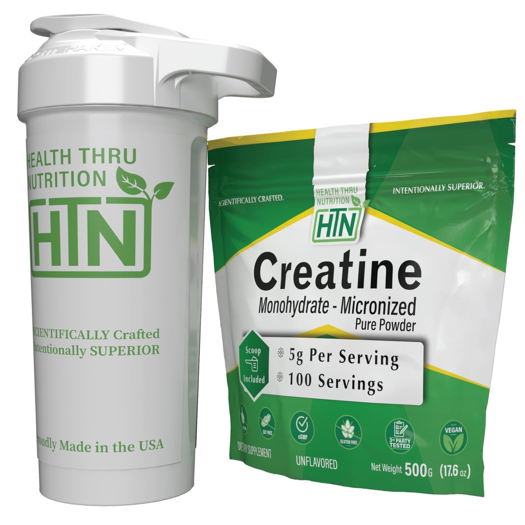 Health Thru Nutrition Micronized Creatine and USA Made Shaker Bottle Bundle