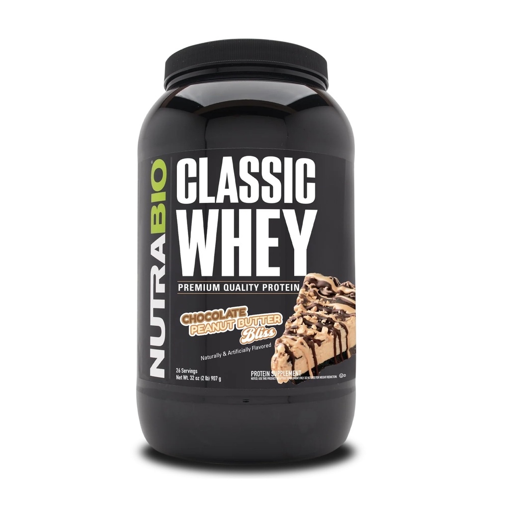 NutraBio Classic Whey Protein Powder- Full-Spectrum Amino Acid Profile - No Fillers, Artificial Colors, Preservatives - Low Glycemic Index - (Chocolate Peanut Butter, 2 Pounds)