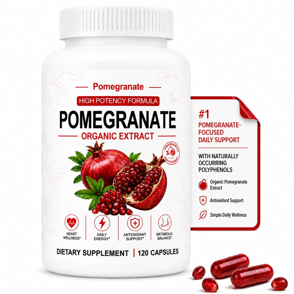 Organic Pomegranate Extract Capsules, 700 mg per Serving, 120 Count | Naturally occurring polyphenols for antioxidant support, vegan capsules, Non-GMO ingredients, 60-day supply