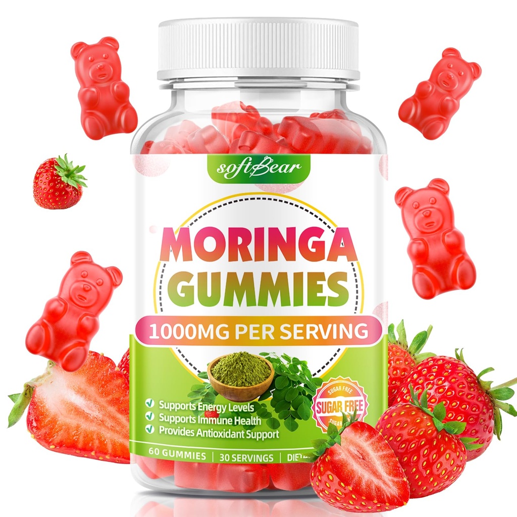 softbear Moringa Gummies for Women & Men, Strawberry Flavor 60 Count | Organic Moringa Supplement 1000mg for Energy, Antioxidant, Immune Health Support, Sugar-Free/Vegan/Non-GMO