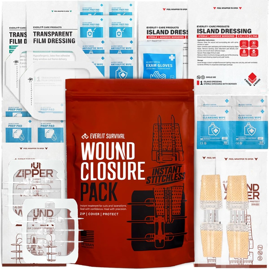 EVERLIT Wound Closure Pack | 4 Pcs Surgical Wound Zip Devices for Cut & Laceration Wound Repair | Sterile, Suture-Free, Stitch-Less Adhesive Butterfly Bandage Strips for Emergency First Aid Care