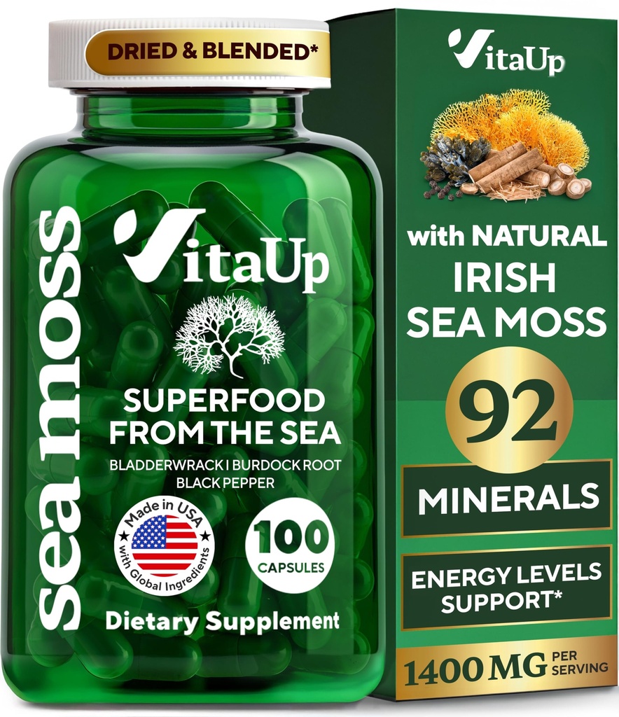 Wildcrafted Irish Sea Moss Capsule con Burdock Root & Bladderwrack - USA Made Sea Moss Advanced for Hair, Skin, Immune & Energy Levels Support - SeaMoss Pills - 100 Vegan Capsules