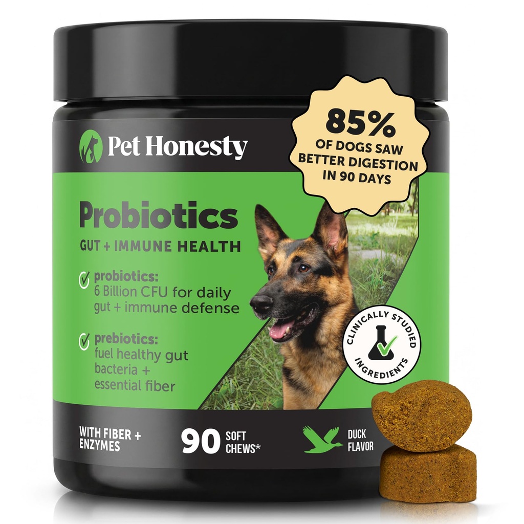 Pet Honesty Probiotics for Dogs for Occasional Diarrhea & Bowel Support, Verdauungsenzyme mit Präbiotika für Gut-Gesundheit für Hunde, Immunität Gesundheit & Itch Relief (Duck 90 ct)