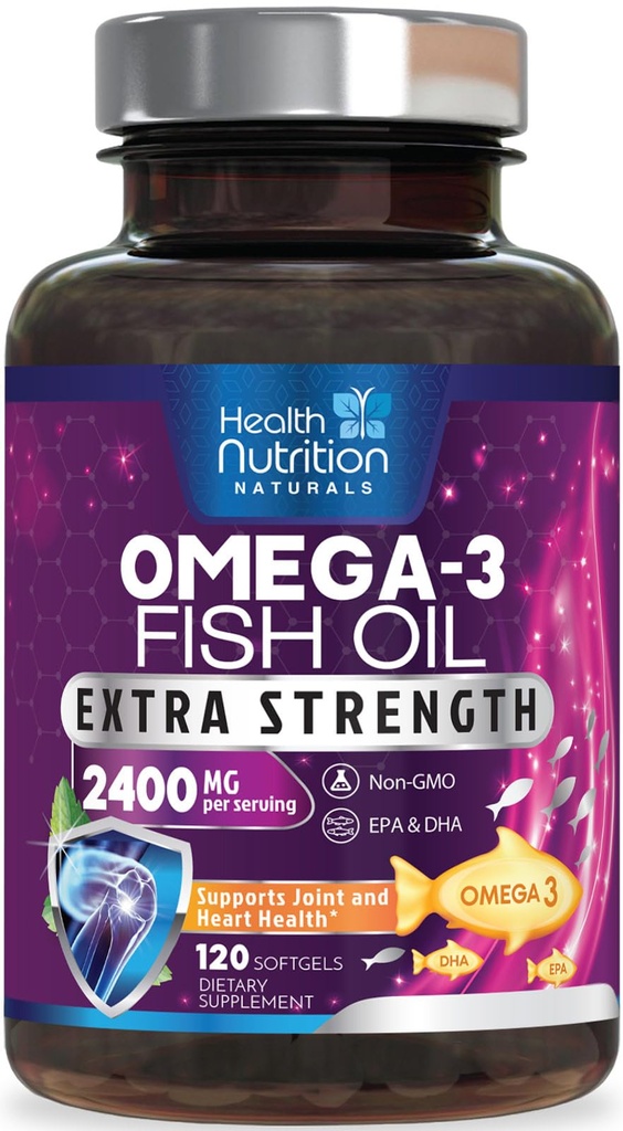 Omega 3 Huile de poisson 2400 mg - Supplément d'acides gras triples Omega3, EPA & DHA - Soutien naturel pour la santé immunitaire, cardiaque et cérébrale - Sauvage pris, non-OGM, arôme de citron, sans Burpless - 120 Softgels