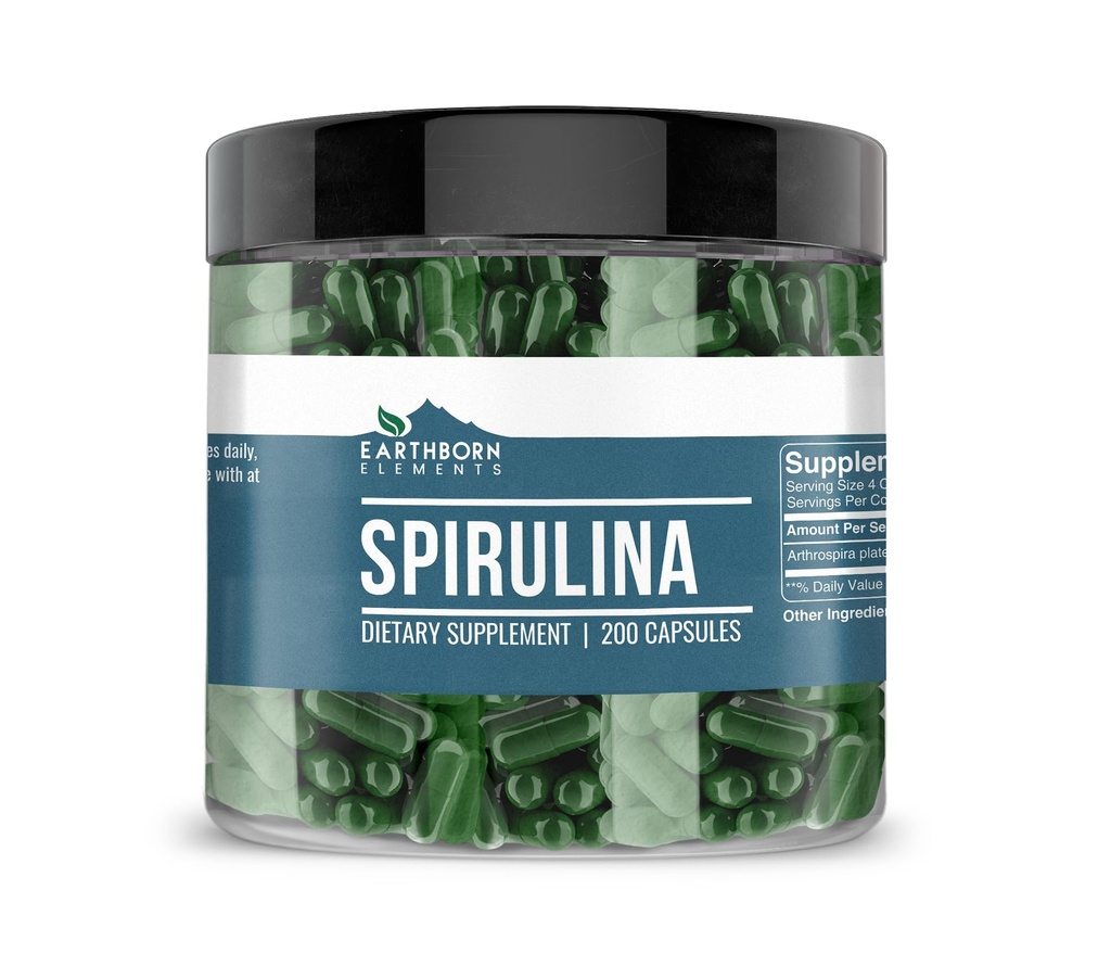 Erdgeborene Elemente Spirulina 200 Kapseln, rein und unverdünnt, keine Zusatzstoffe