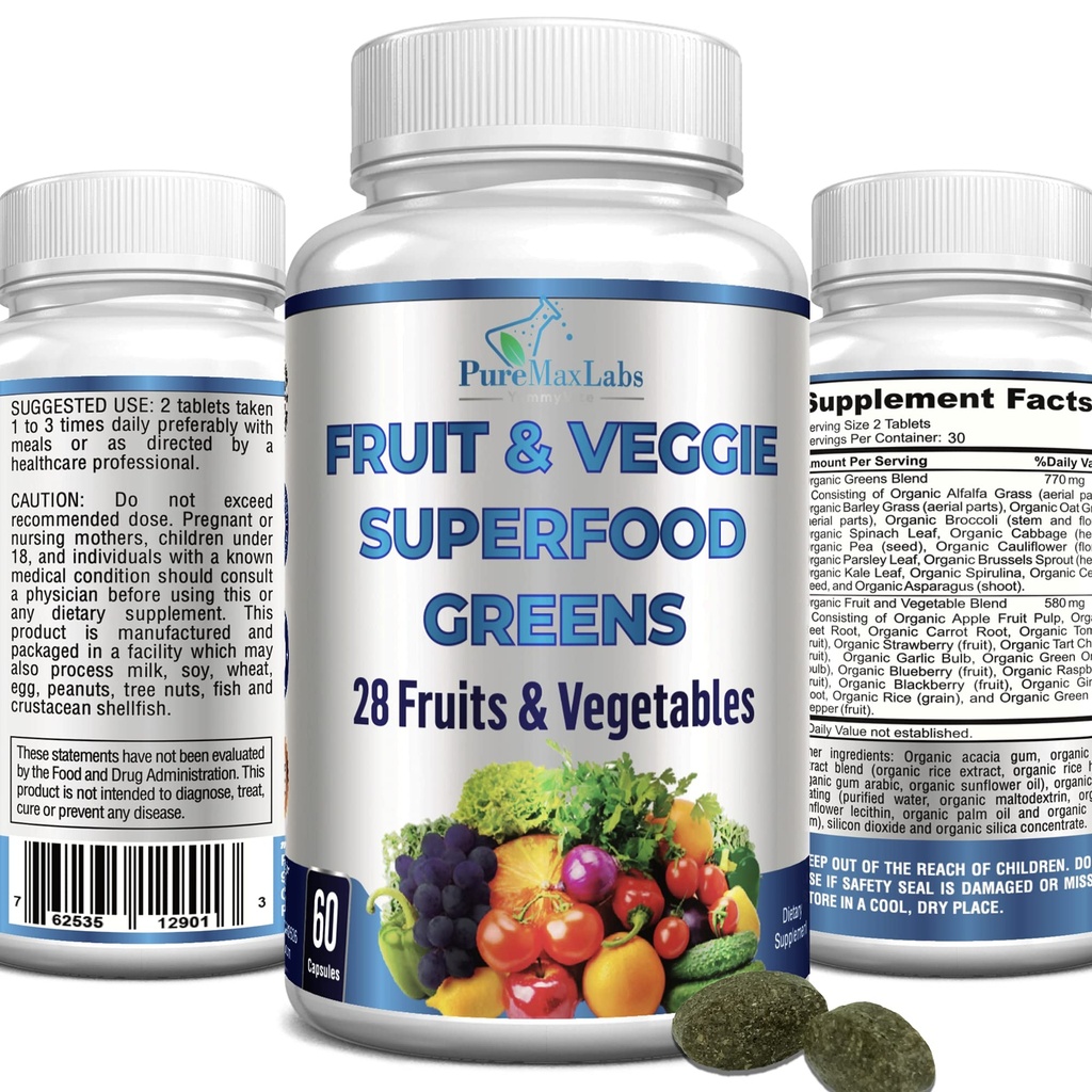 Frutta e verdura Superfood Verdi - 28 Frutta e Verdura incl. Alfalfa, Erba d'orzo, Spirulina, Radice di barbabietola, Ciliegia di Tart, Antiossidanti naturali concentrati- 60 compresse