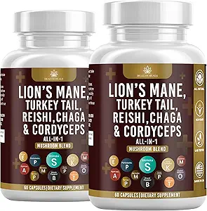 Mushroom Supplement mit Lion's Mane Turkey Tail Reishi Cordyceps Chaga Marshmallow Root - 120 Count