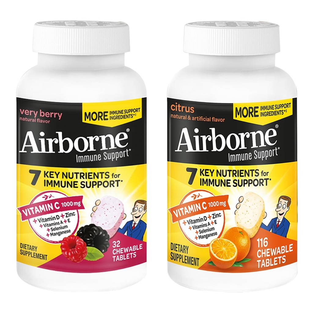 Airborne 1000mg Vitamin C + Zinc Immune Support Supplement Chewable Tablets, Very Berry & Citrus Flavor with Powerful Antioxidants Vitamins A C & E, 116 Chewable Tablets (Very Berry + Citrus)