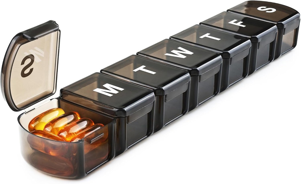 XL Weekly Pill Box Organizer 7 Jours, 1 Semaine Jumbo Pill Dispenser Case Une fois par jour, MOLN HYMY Daily Medicine Container to Hold Medicament, Vitamines, Huiles de poisson et Supplément (Noir