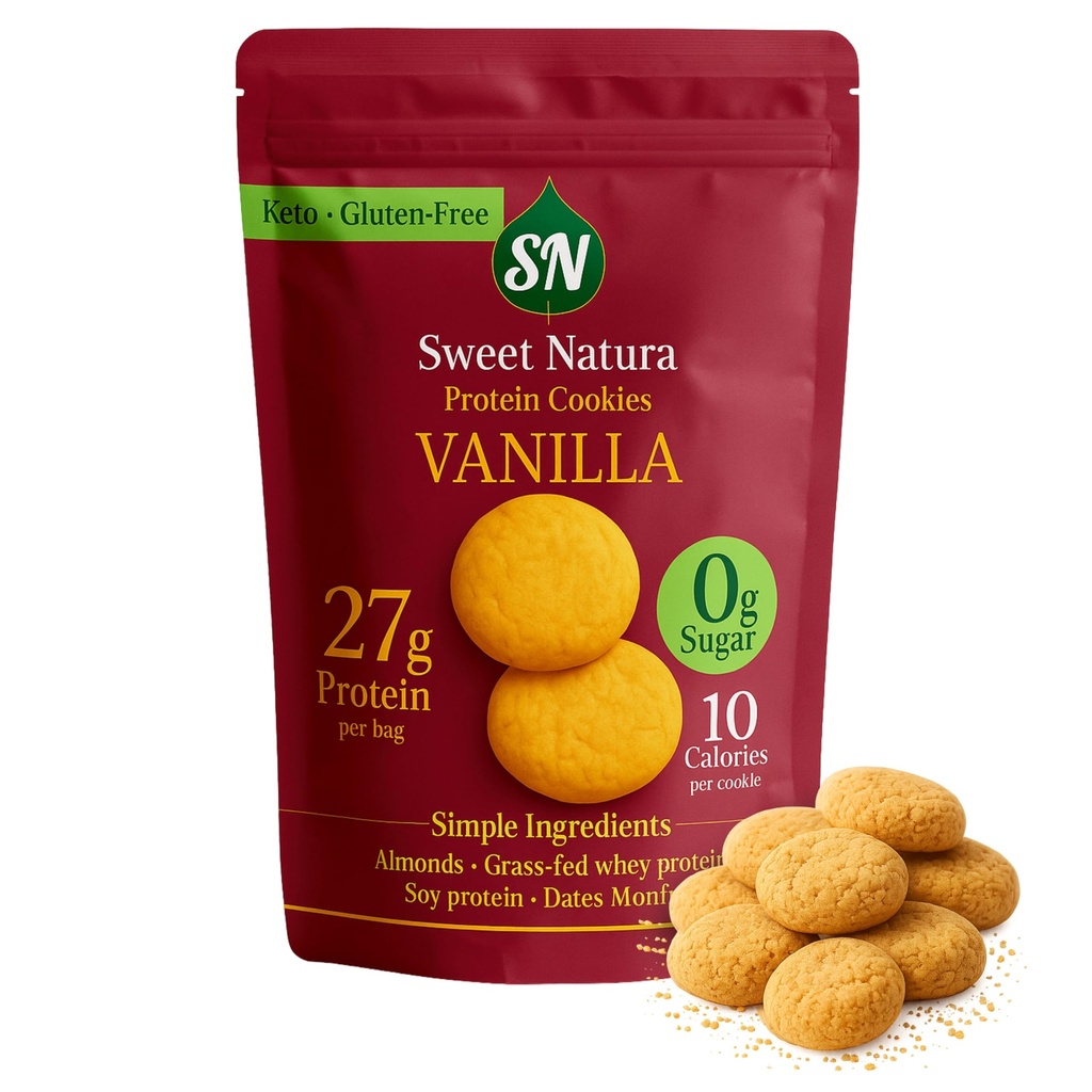 Vanilla Protein Cookies, 27g Protein Per Bag, 23 Mini Cookies – 10 Calories Each – Keto, Gluten-Free, No Added Sugar, Organic, High-Protein Snack – Made with Almonds, Whey, Dates & Monkfruit (Vanilla)
