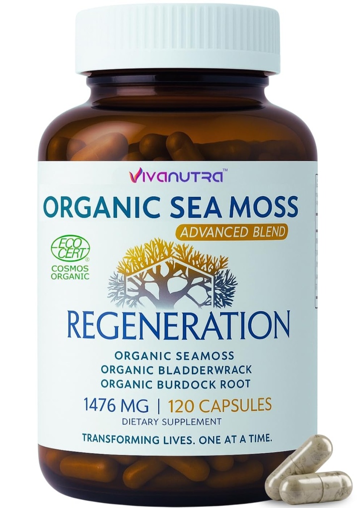 Sea Moss Capsules 1476mg – Bio Seamoss Pills Superfood avec Irish Sea Moss, Bladderwrack & Burdock Root.