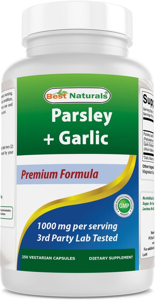 Best Naturals Parsley und Knoblauch 1000 mg pro Servieren 250 vegetarische Kapseln. Glutenfrei und nicht-GVO.