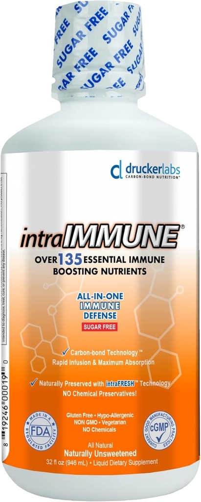 Drucker Labs -intraIMMUNE Organic Liquid Daily Immun & Defense Support, Multivitamin, Elderberry, Echinacea, Zink, Vitamin D, C E, Vegan, Non GMO, Gluten Free (32 oz., Sugar Free Peach Berry)