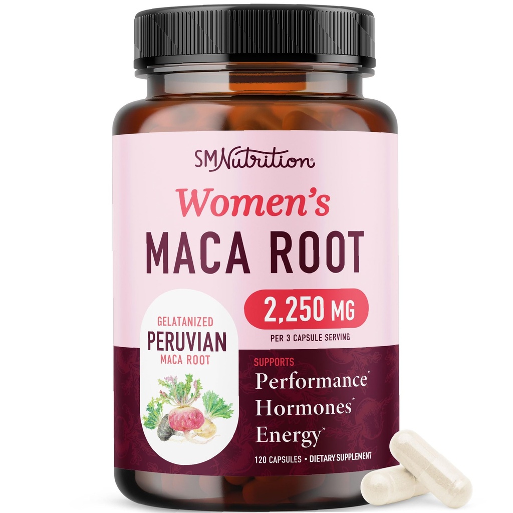 Estratto di radice di maca organico per le donne | Peruvian Maca 2250MG Extra Forza | Polvere di radice rossa, nera e gialla con pepe nero | Integratore di erbe per sostenere l'energia e l'equilibrio dell'ormone | 120 Ct