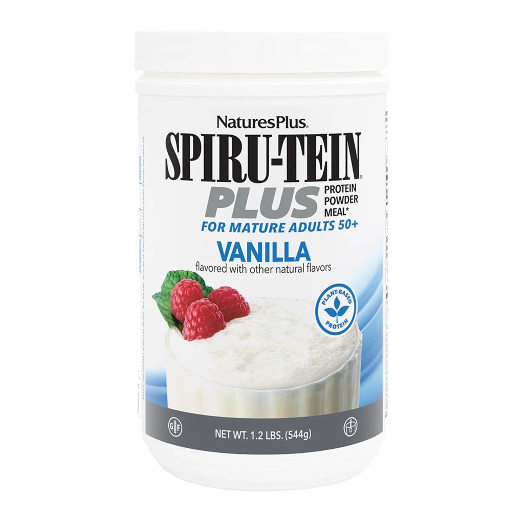 NaturesPlus SPIRU-TEIN Plus, Vanilla - 1.20 lb - Plant-Based Protein Powder with D3, Biotin for Adults 50+ - Vitamins & Minerals for Energy & Well-Being - Vegetarian, Gluten Free - 16 Servings