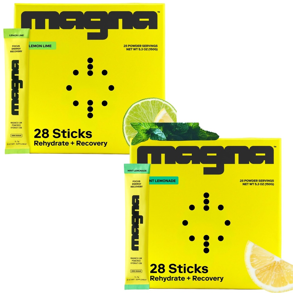 MAGNA Electrolytes Powder Drink Mix Bundle – Lemon Lime & Mint Lemonade Flavors, 56 Servings | Hydration, Energy & Focus Support with Sodium, Potassium, Vitamin D, B6 & B12