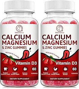 Calcio, Magnesio, Zinco e Vitamina D Gummies - 2 Pack | Vitamine per le donne, Uomini e bambini | Integratori di calcio per le ossa sane forti, Gummie di zinco, senza glutine, Vegan - 120 Conte