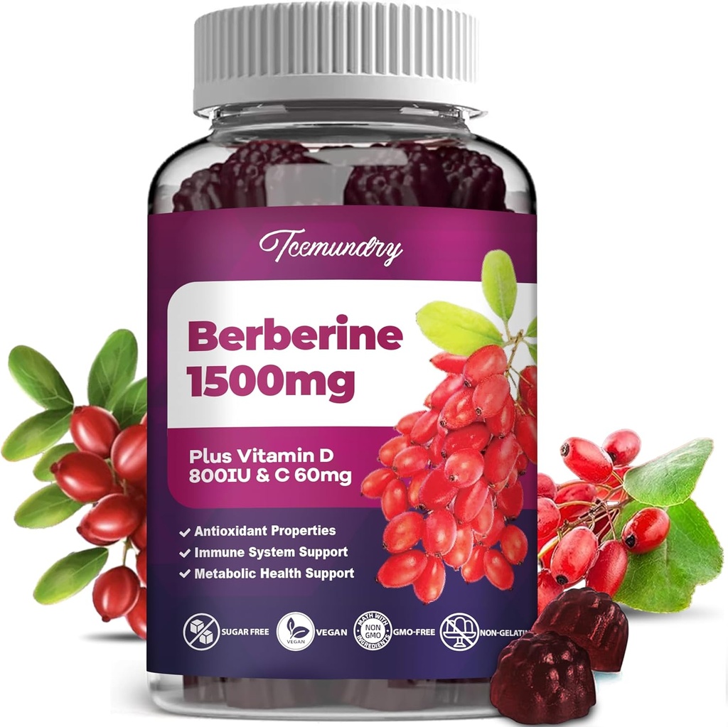 Berberine Gummies 1500 mg da Indian Barberry Root High Potency con vitamina D & vitamina C Supplemento