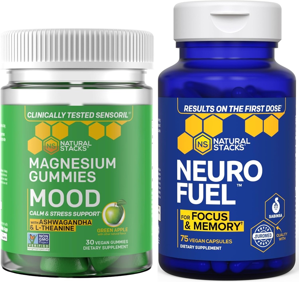 NATURAL STACKS Mood Magnesium Gummi + Neurofuel Nootropic Bundle - unterstützt Gehirngesundheit & Stimmung* - 105 Stück