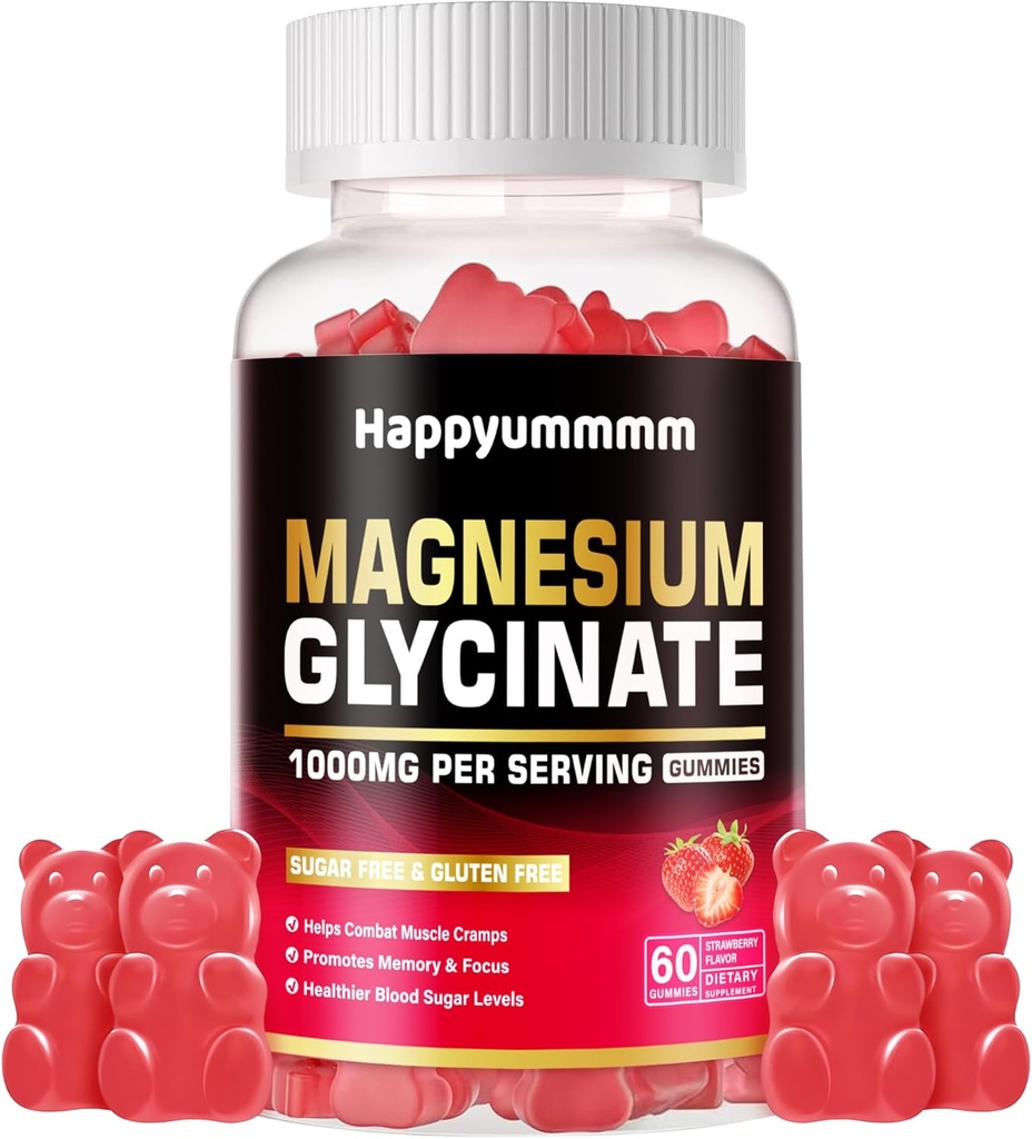 Magnesium Glycinate Gummies 1000mg - Sugar Free Magnesium Potassium Supplement with Vitamin D, B6, CoQ10 for Calm Mood & Sleep Support - 60 Strawberry Gummies.