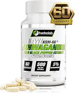 Herbolab Ashwagandha KSM 66 15:1 avec extrait de poivre noir (absorption plus élevée) Potence maximale Plein spectre 5+% Withanolides