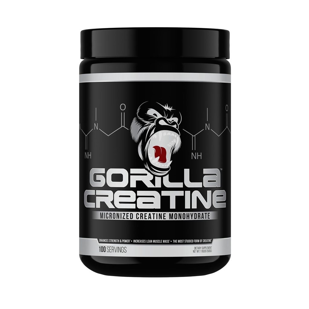 Gorilla Mind Creatine Monohydrat Mikronisiertes Pulver, Verbesserte Muskelgröße, Leistung und Stärke, 5 Gramm pro Servierung, 100 Portionen
