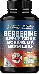Organic Cadane Berberine Supplemento 150 capsule, con Neem Leaf, Aceto di Sidro di Mele, VIT D3, E & More - Estratto di Berberina - Supporto per Sistema Immune, Digestione & Salute complessiva