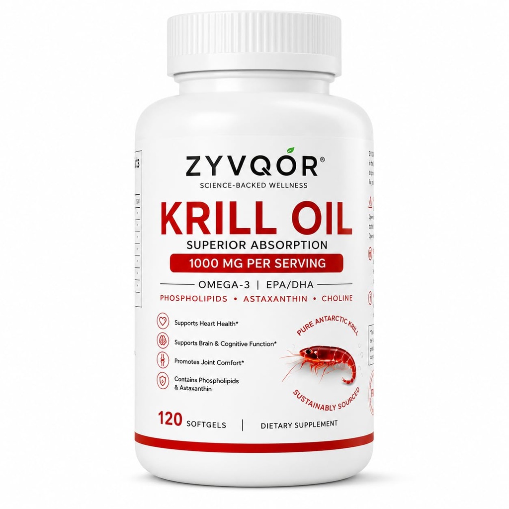 Krill Oil 1000 mg per Serving with Omega-3 EPA DHA, 120 Softgels | Antarctic krill oil with omega-3 EPA and DHA, plus phospholipids, astaxanthin and choline