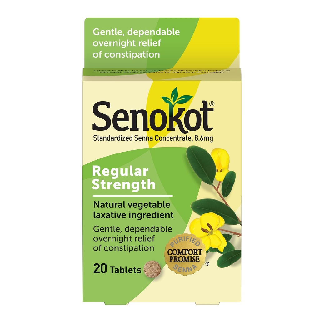 Senokot Regular Strength, Natural Vegetable Laxative Ingredient senna for Gentle Dependable Overnight Relief of Occasional Constipation, 20 Tablets