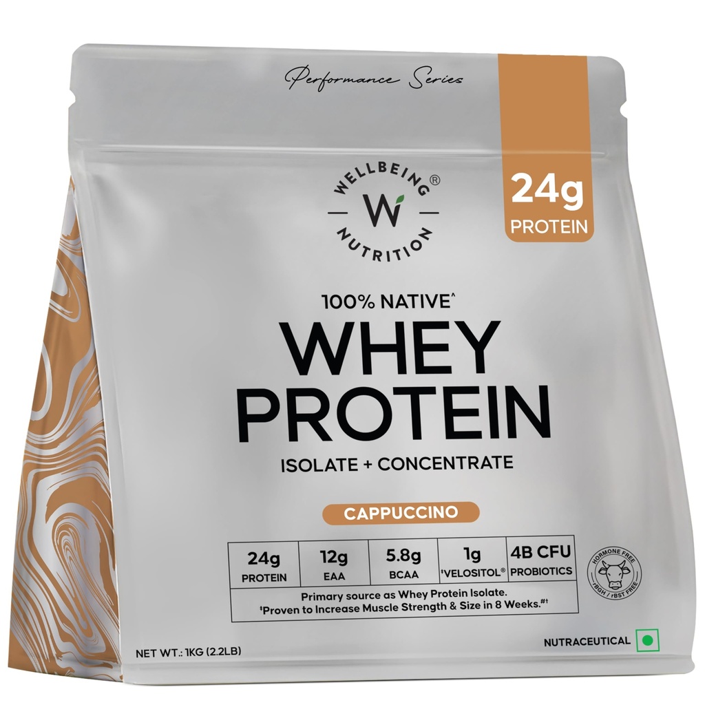 WELLBEING NUTRITION Whey Protein Isolate + Concentrate (Cappuccino) | 24g Protein, 12g EAA, 5.8g BCAA | Clinically Proven 2X Muscle Protein Synthesis| 4B CFU Probiotics & Digestive Enzymes | 1kg