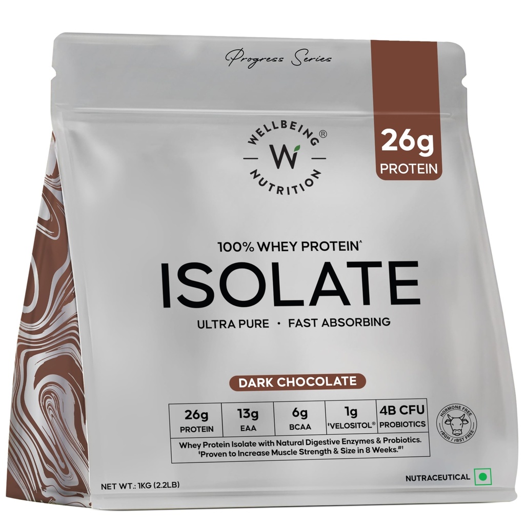 WELLBEING NUTRITION 100% Whey Protein Isolate (Dark Chocolate) | 26g Protein, 13g EAA | Clinically Proven 2X Muscle Protein Synthesis| 4B CFU Probiotics | Digestive Enzymes | Easy to Digest | 1kg