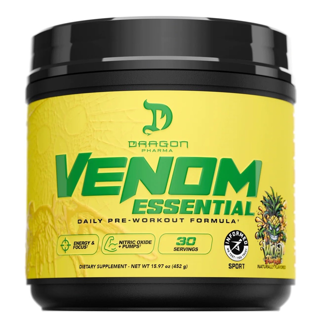DRAGON PHARMA Pre Workout Powder, Venom Essential, Pineapple | Daily Training Formula, 200mg Caffeine, L-Citrulline, Beta-Alanine, Energy, Focus, Muscle Pumps
