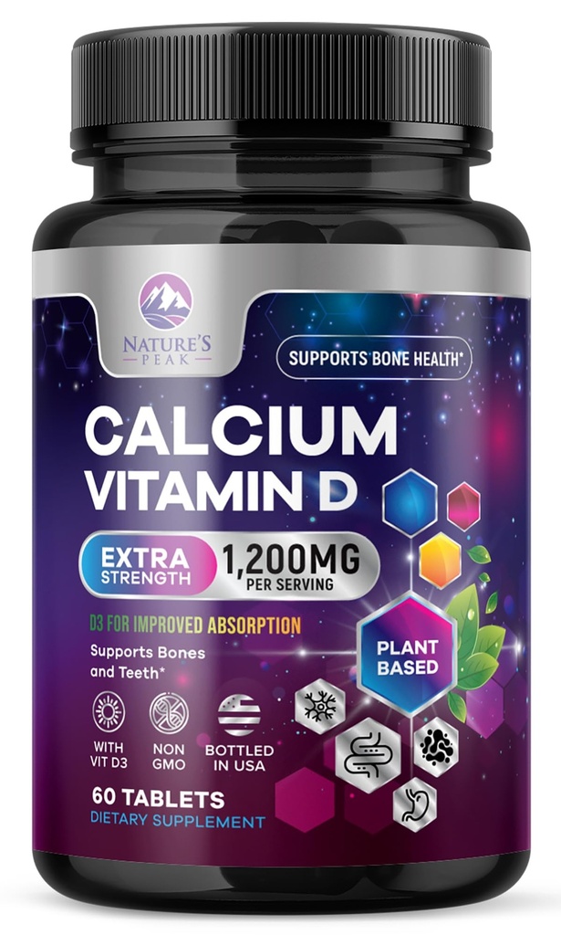 Calcium 1200 mg Per servire con vitamina D3 - Bone Salute Supplemento, Vitamina D & Calcium Supplementi per le donne & uomini - Bone, Teeth & Immune Support, Pillole di calcio della natura, Bottigliato USA - 60 compresse