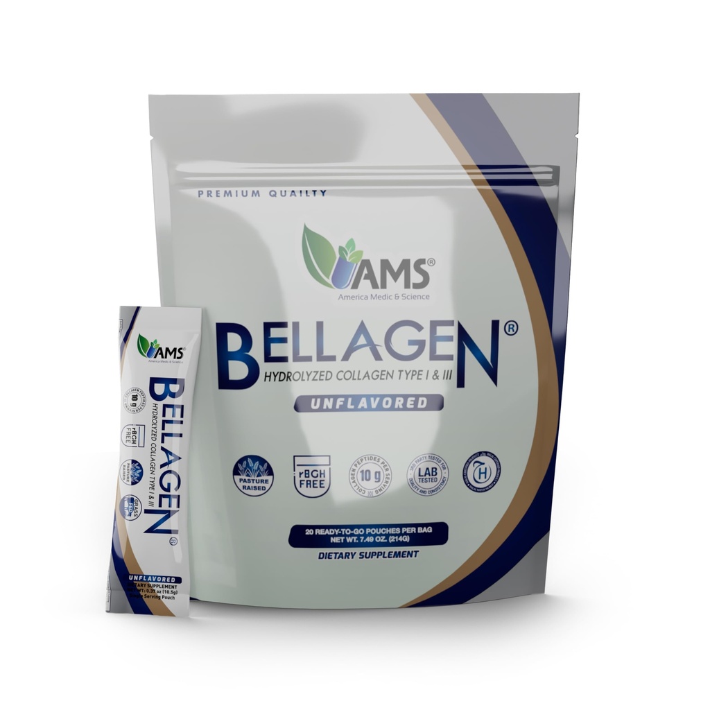 America Medic & Science Bellagen Collagen Peptides – 20 Single Serving Sticks for Skin, Hair, Nail & Joint Support – Hydrolyzed, Grass-Fed, Gluten-Free, Non-GMO