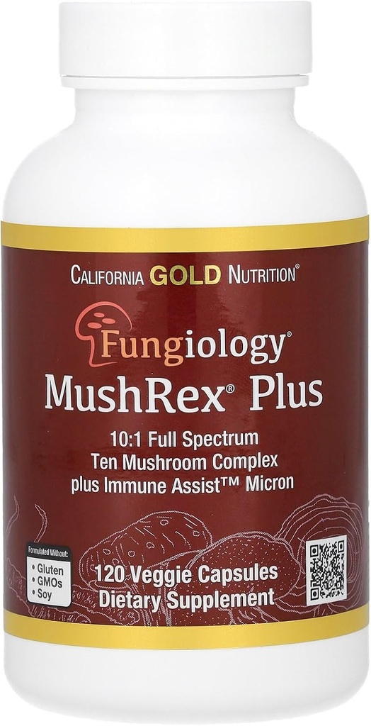 California Gold Nutrition Fungiology, MushRex Plus, Full-Spectrum Ten Mushroom Complex con Agaricus, Chaga, Cordyceps e Lion's Mane, 120 Plantcaps