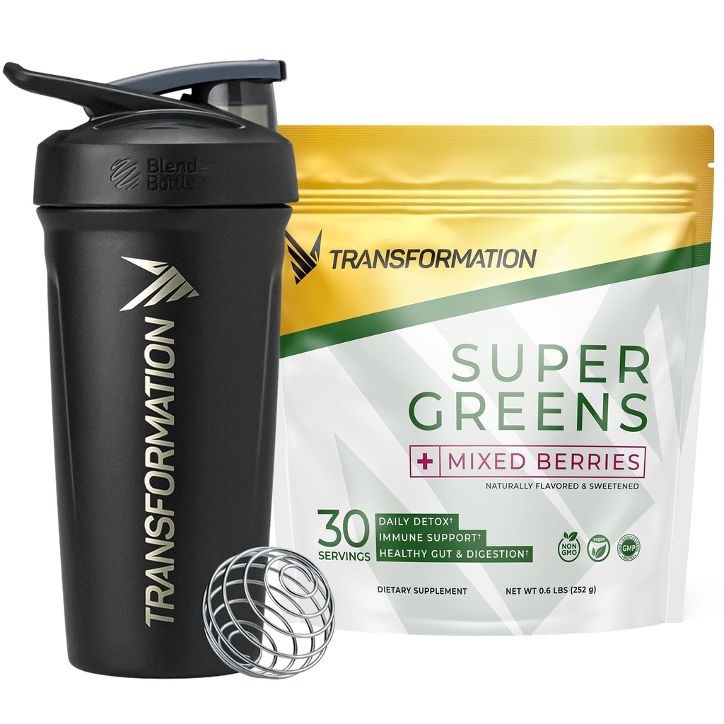 Transformation Super Greens Superfood Powder & Performance Insulated Shaker Bottle | Immune & Energy Support | Made with Natural Ingredients | Detoxifying & Alkalizing Minerals