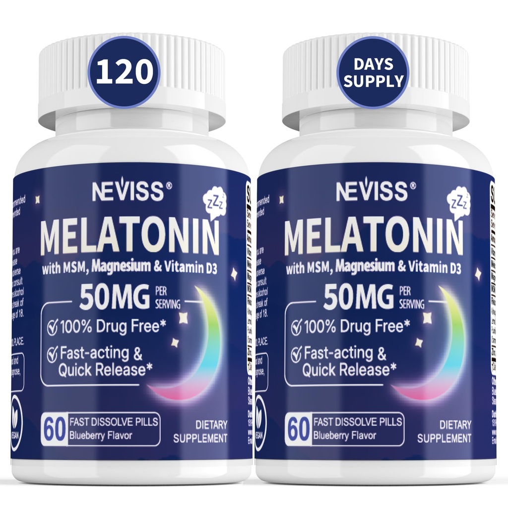 NEVISS Melatonin 50 mg per adulti - Extra Forza 9-in-1 Dissolve Sublingual - Alta dose con Magnesio Glycinate, Vitamina D3, Ashwagandha, Lemon Balm, Camomilla, Sugar Free,Vegan 120 compresse
