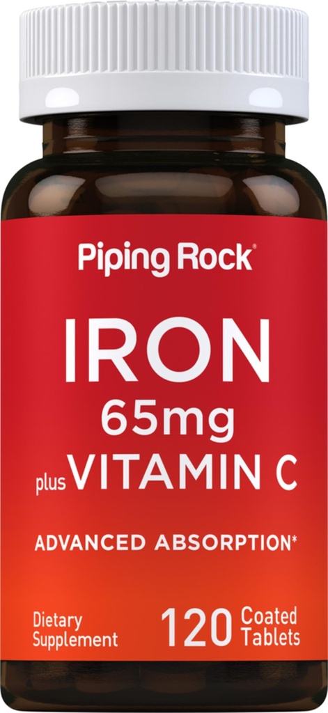 Piping Rock Iron Supplement 65 mg with Vitamin C | 120 Tablets | Advanced Absorption | Vegetarian, Non-GMO and Gluten Free
