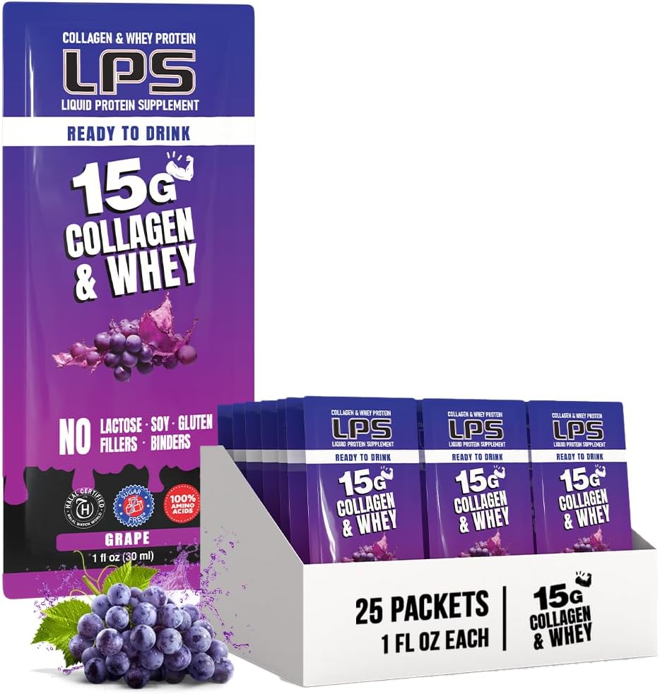 LPS Liquid Collagen & Whey Protein Supplement - Non OGM Drink, Sugar-Free - Promuove la pelle sana & capelli per gli uomini e le donne, l'uva, la singola dose (25 pacchetti)