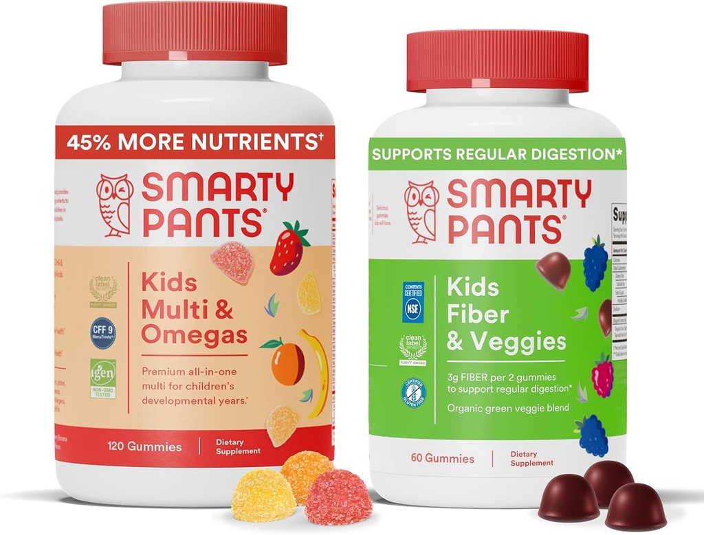 SmartyPants Kids Multivitamin + Fibra & Veggie Bundle: Olio 3 Pesce Omega, Fibra Prebiotica, Senza Glutine, Tre Frutta & Aroma di Bacca Mista, Multi & Omega (120 Conta) + Fibra & Veggies (60 Conte)