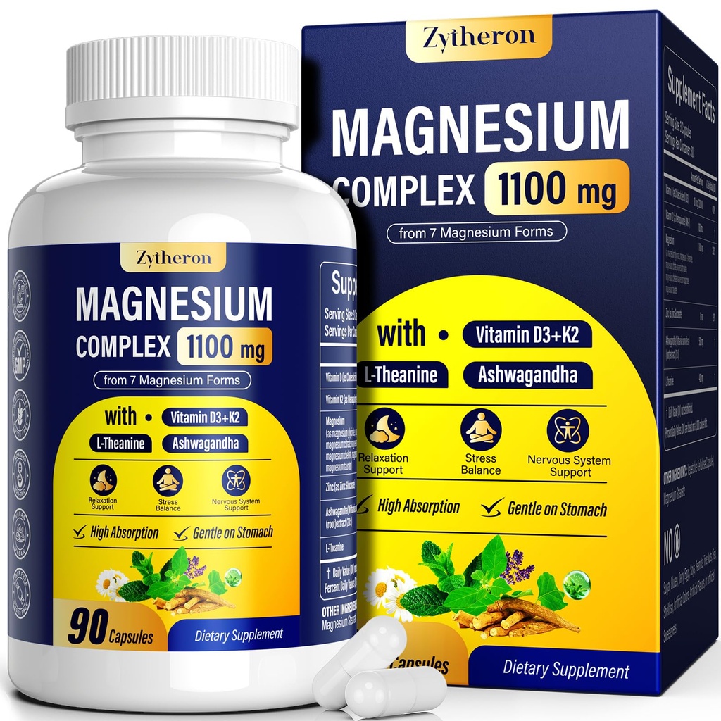 Magnesium Complex for Women & Men 1100mg, 7-in-1 Magnesium Supplement with Ashwagandha & L-Theanine for Calm & Sleep Support, High Absorption, Vegan 90 Capsules